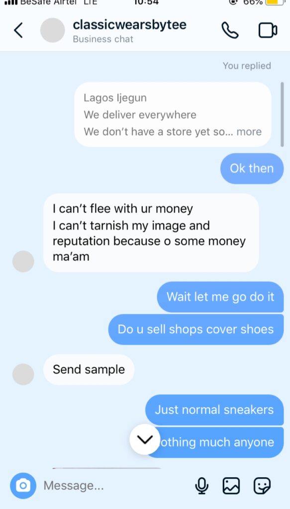Instagram chat with the vendor