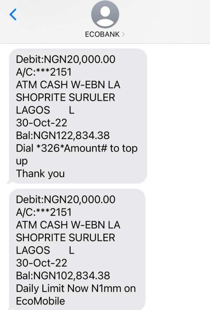 Screenshot of the debit alert from Ecobank