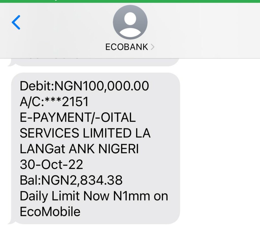 Screenshot of the second debit alert from Ecobank