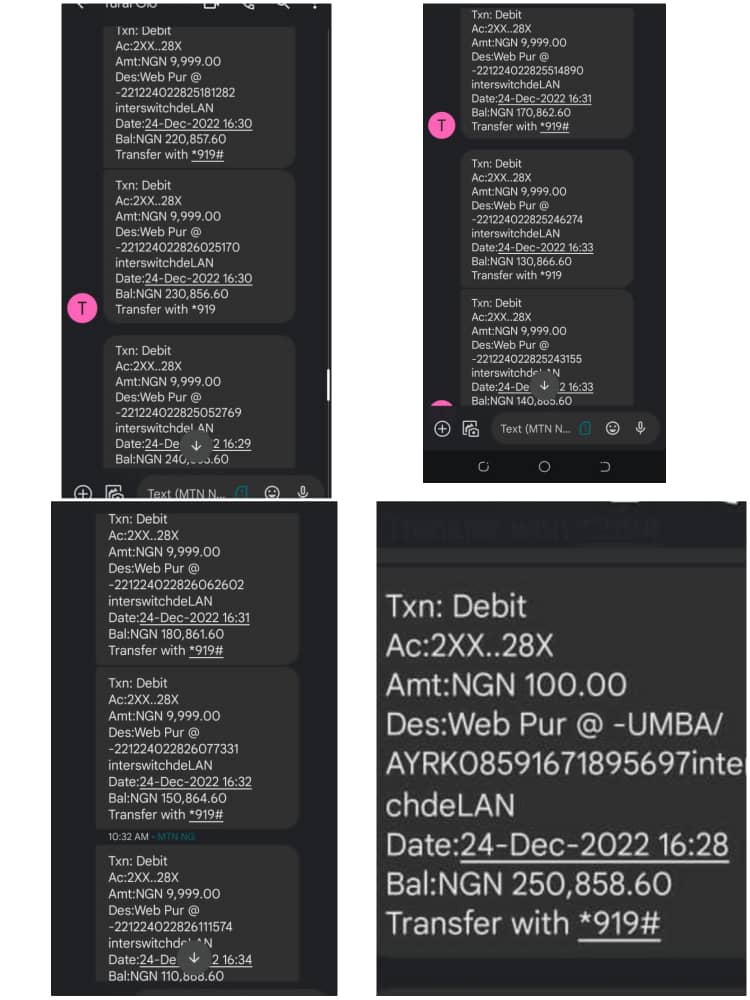 Screenshots of some of the debit alerts