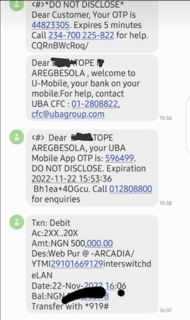 Debit alert from UBA