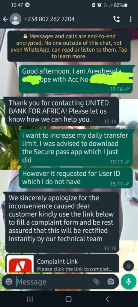 Screenshot of Whatsapp chats with the fake Whatsapp number