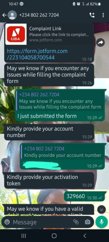 Screenshot of Whatsapp chats with the fake Whatsapp number