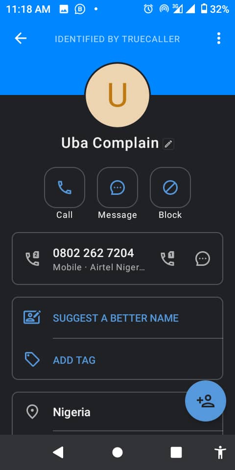 Truecaller's Profile of a UBA Complaint number