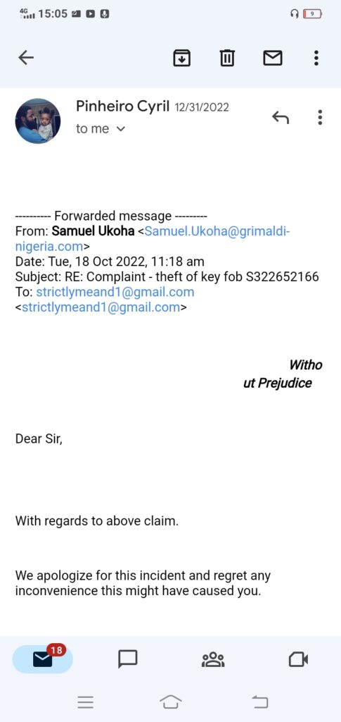 Email correspondence between Pinheiro and Grimaldi