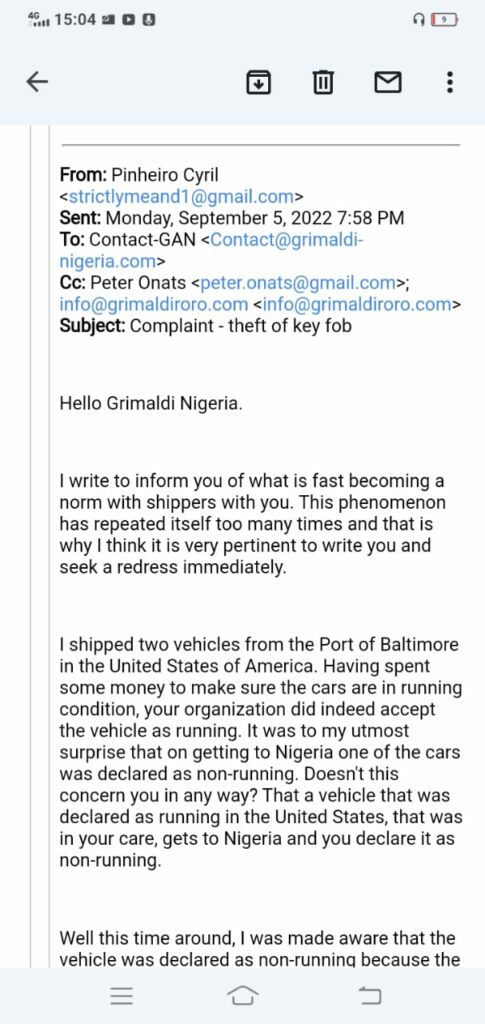 Email correspondence between Pinheiro and Grimaldi