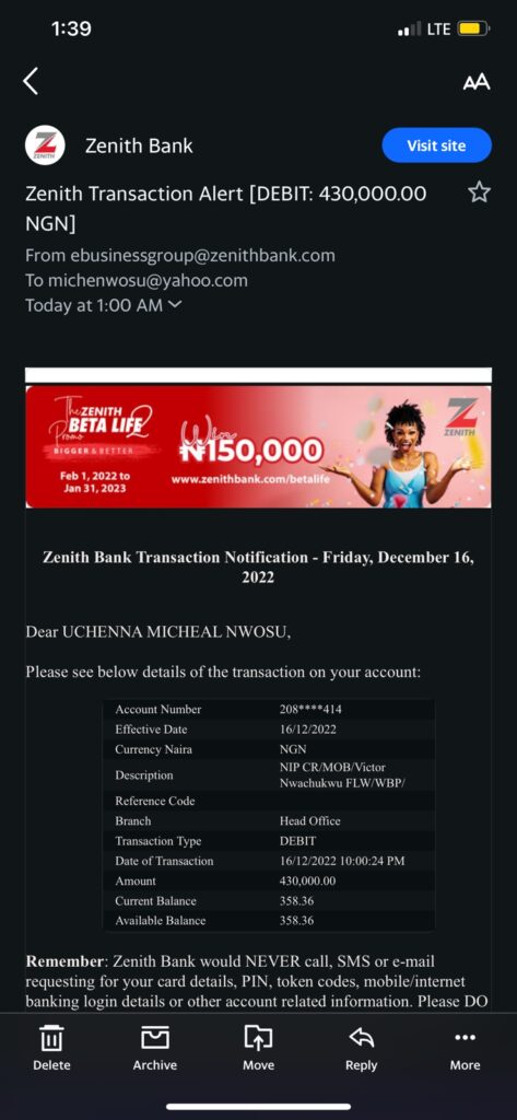 A screenshot of  Zenith Bank's response 
