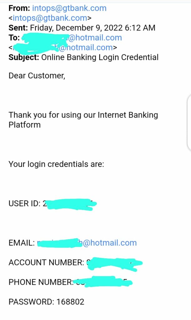 The password change email Mustapha received from GTB