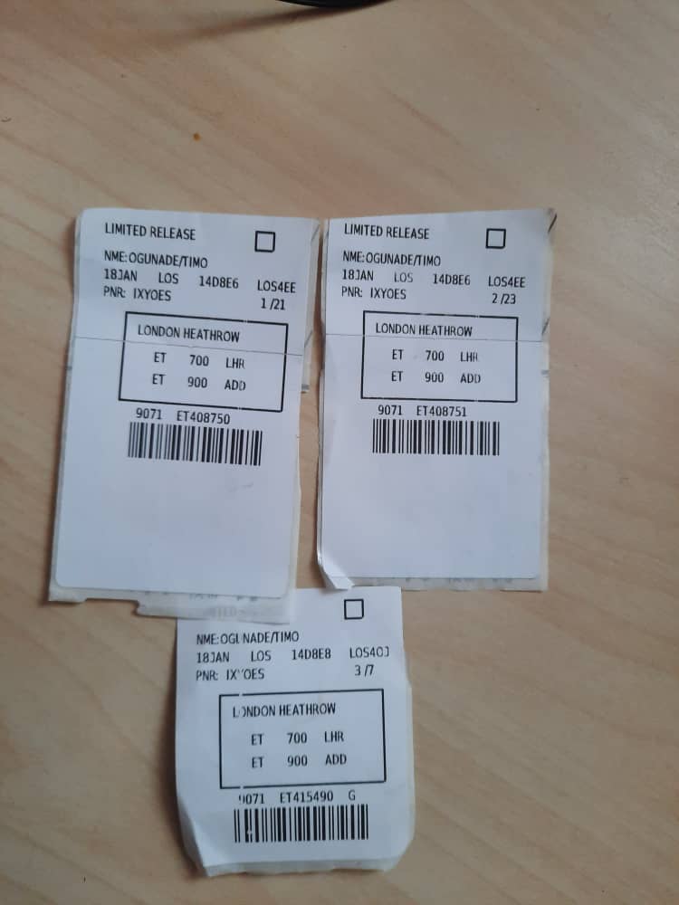 Ogunade's air tags from Ethiopian Airline