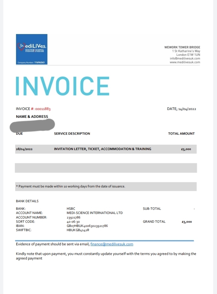 The £5000 invoice Medilives sent to Williams