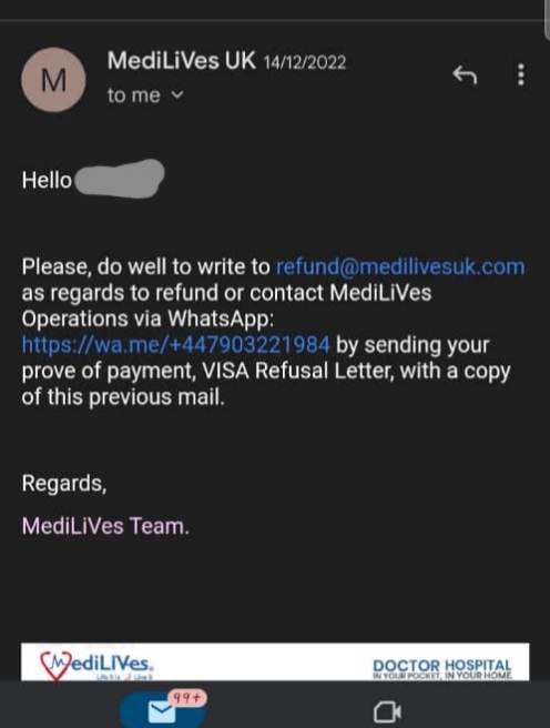 Medilives email, asking for documents to aid William's request for refund