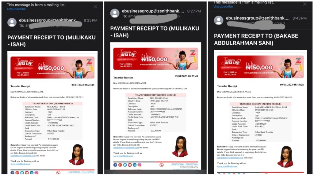 Screenshots of the debit alerts