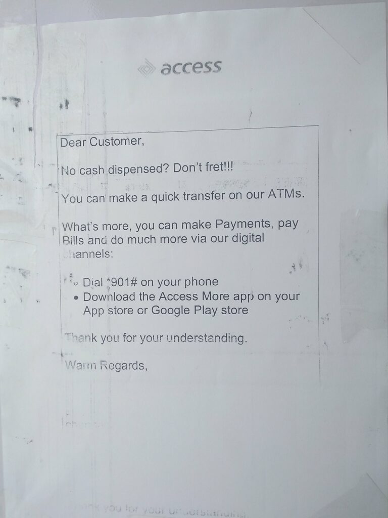 Access Bank's notice at ATM.