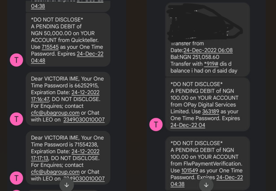 Screenshots of the text messages containing Victoria's initial account balance and the pending debit alerts