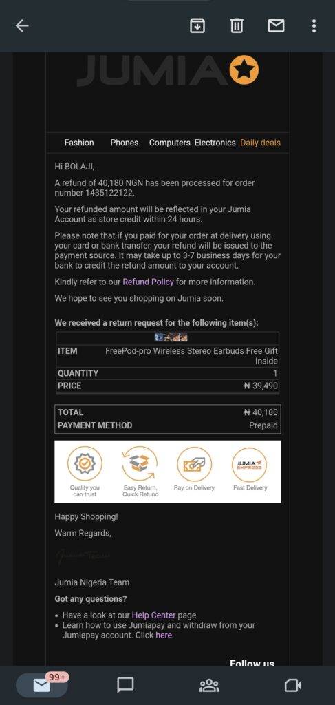 The email from Jumia