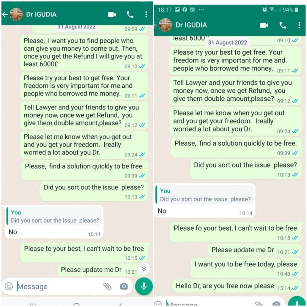 Screenshots of the UK resident's last unreplied messages