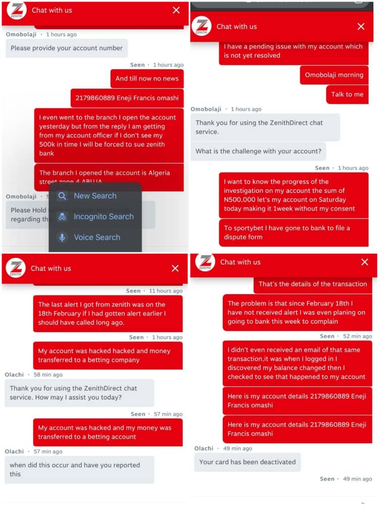 Some of the customer's chats with Zenith bank
