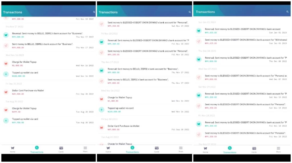 Screenshots of Inyang's transaction history with Wallets Africa