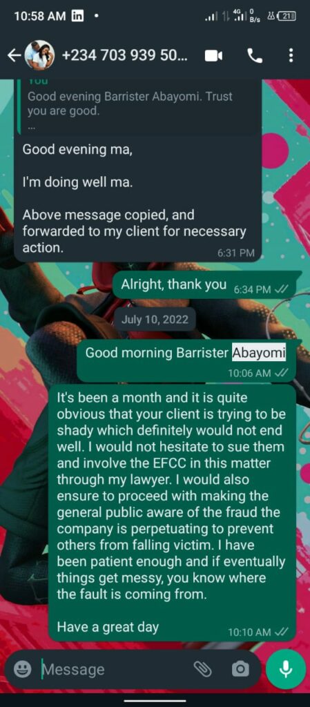 Conversation between Odupe and Ankor's legal representative