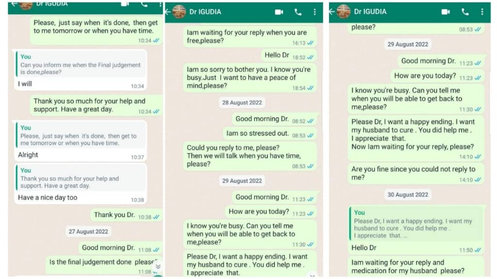Some of the Whatsapp messages sent to Dr Igudia
