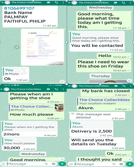 Some WhatsApp chats between Adejoke and Gabriel of Choice Collectibles