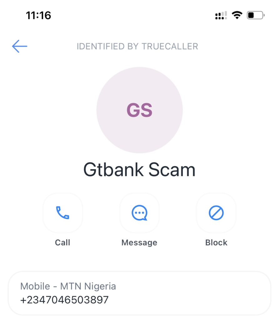 A GTB associated phone number identified as scam on TrueCaller