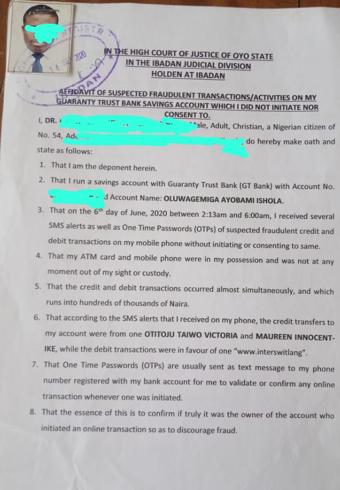 Court order for the account number a restriction was placed on.