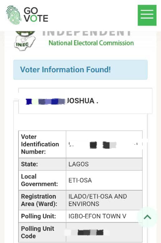 Joshua's biodata on INEC  showing he is a registered voter