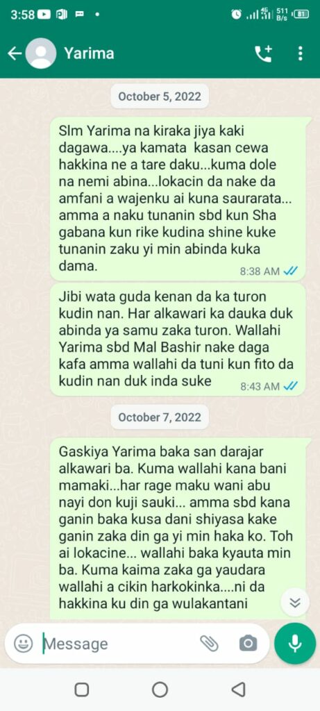 A snapshot of Labaran's WhatsApp messages to Bala in Hausa language