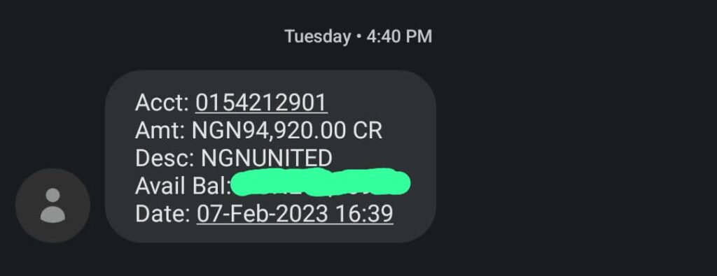 Credit alert of N94,920 from GT Bank