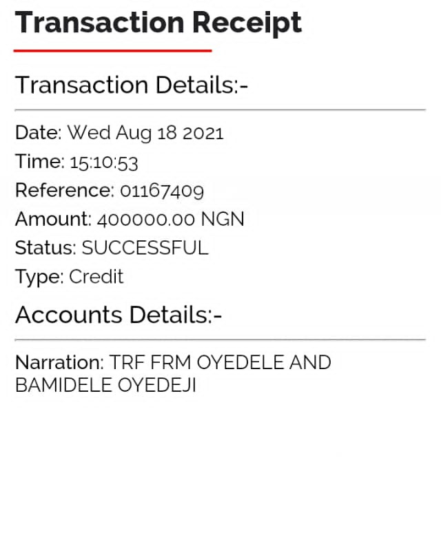 receipt of the cheque paid to Oyedele Cornelius