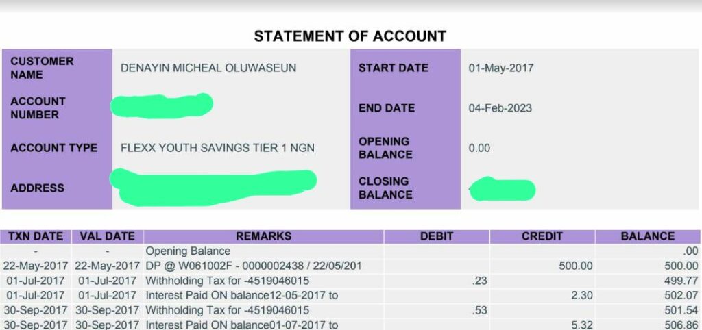 Oluwaseun's statement of account from FCMB