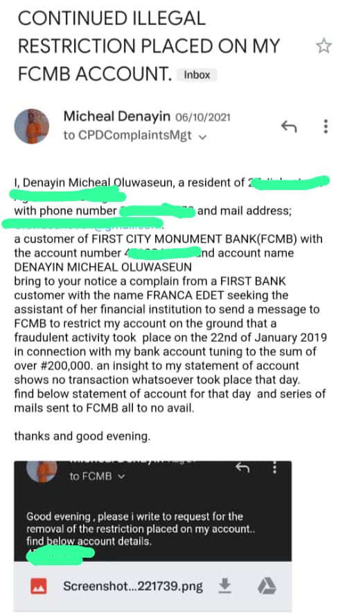Complaint mail sent to FCMB by Oluwaseun