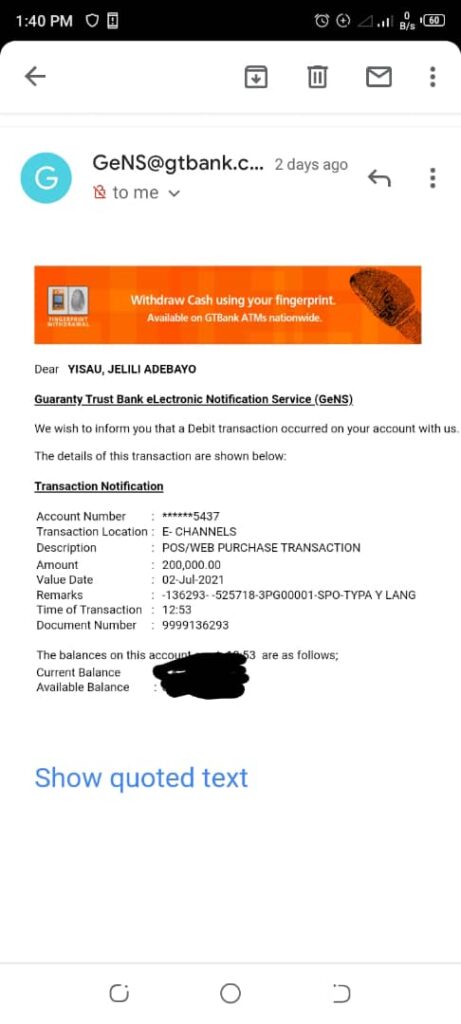 One of the debit alerts email from GTB
