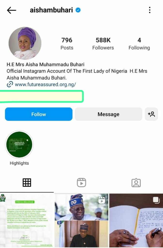 Post on Aisha Buhari's verified Instagram page
