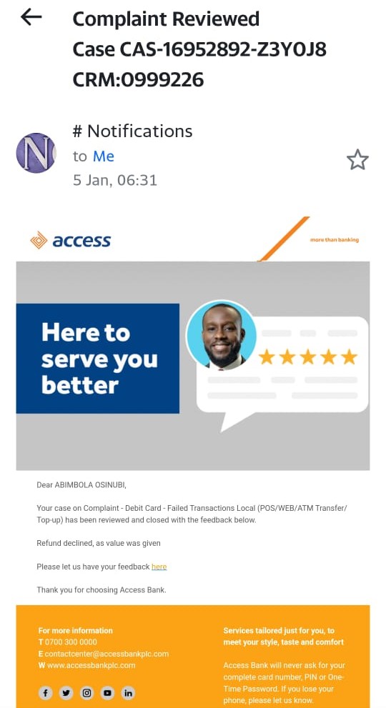 The email from Access Bank