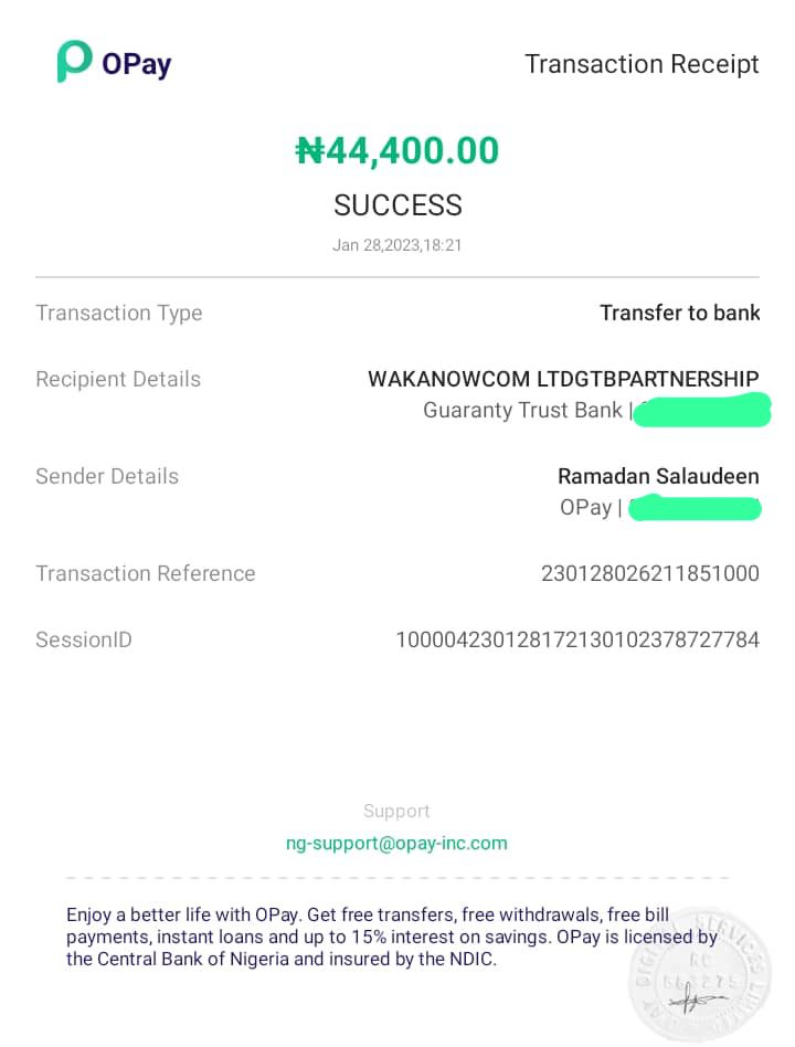 Receipt of payment of N44,400 flight ticket made with Salaudeen's OPay account to GTB