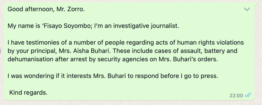 Whatsapp exchange with Mr Zorro, Aisha Buhari's Special Assistant