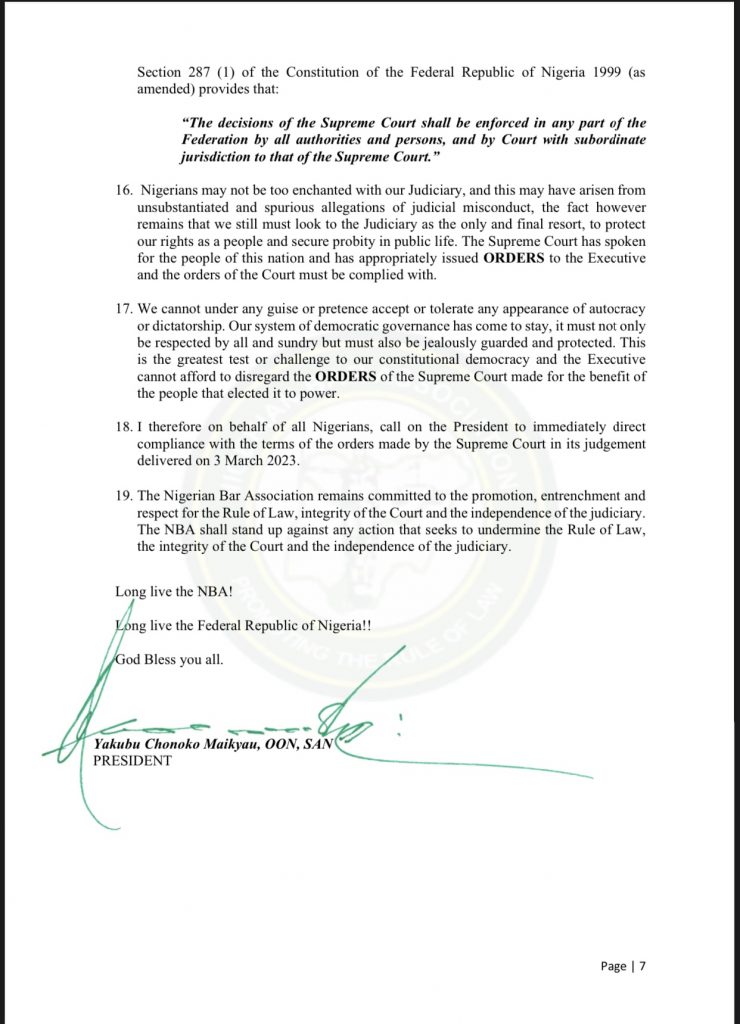 NBA's letter to President Buhari on the supreme court's order