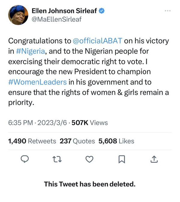 Sirleaf's Deleted Tweet