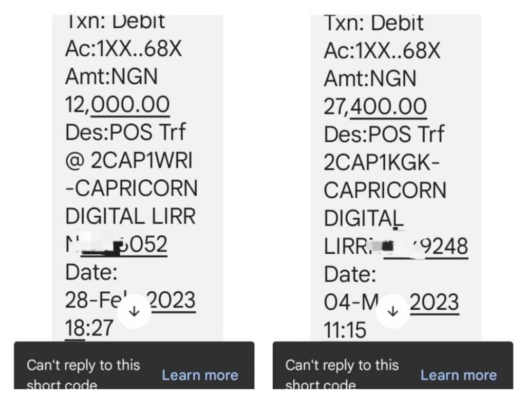 Screenshots of both debit alerts