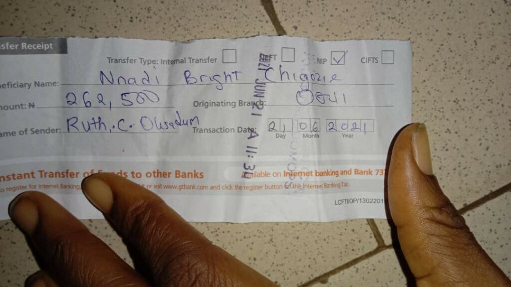 Evidence of bank deposit to Nnadi Bright