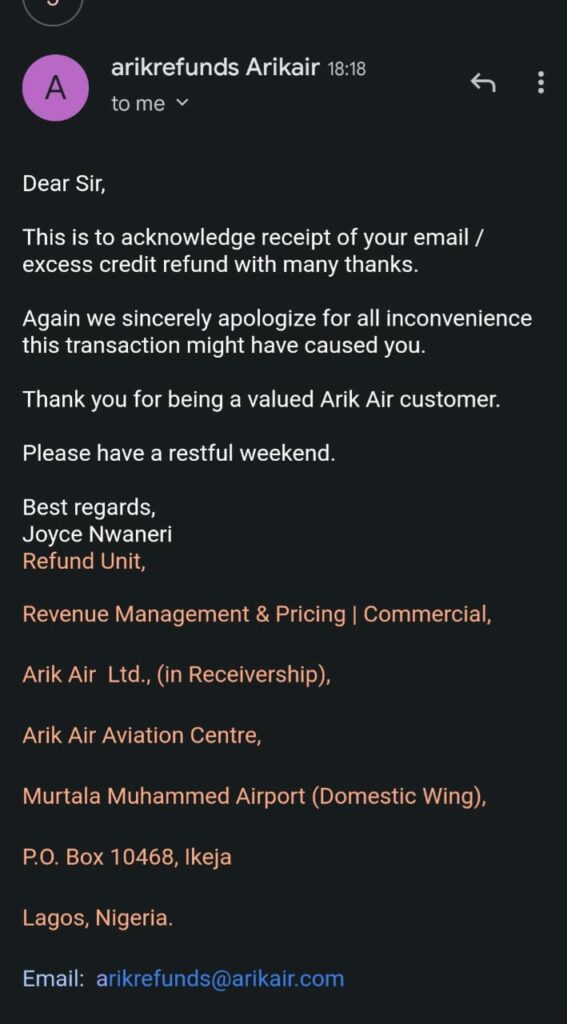 Arik Air acknowledging receipt of excess N51,000 returned by Igokwe