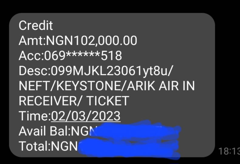 N102,000 payment by Arik Air