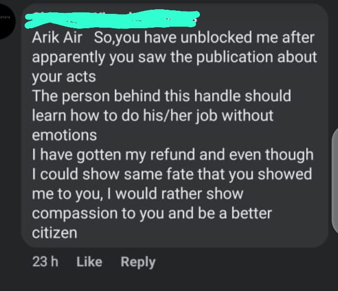 Ugokwe's comments on Arik Air's Facebook Page After He was Unblocked
