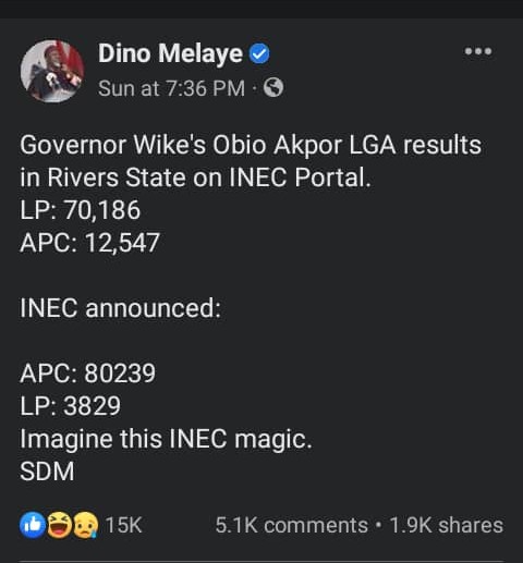 The post on Melaye's Facebook page