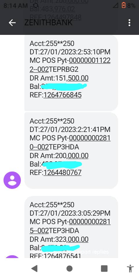 Three out of the four debit alerts from Zenith Bank