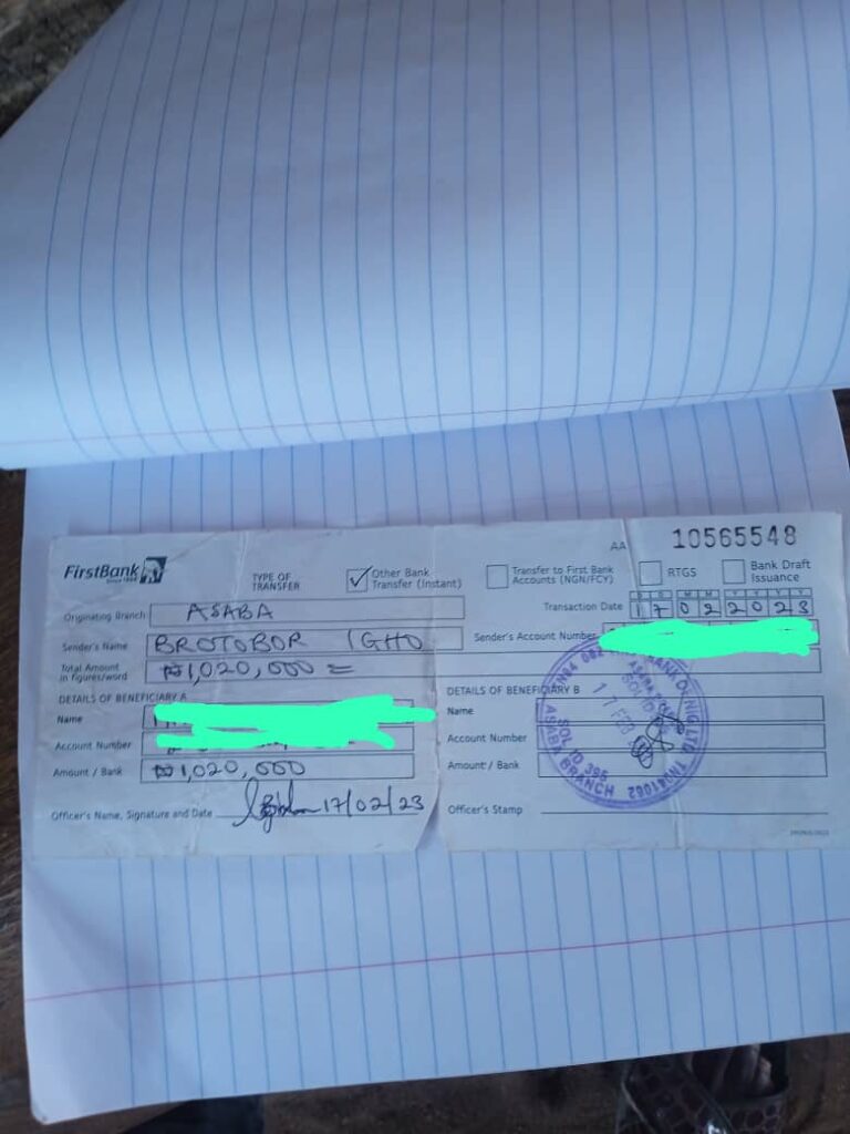 The transaction copy Igho was given after from First Bank filling the first request form
