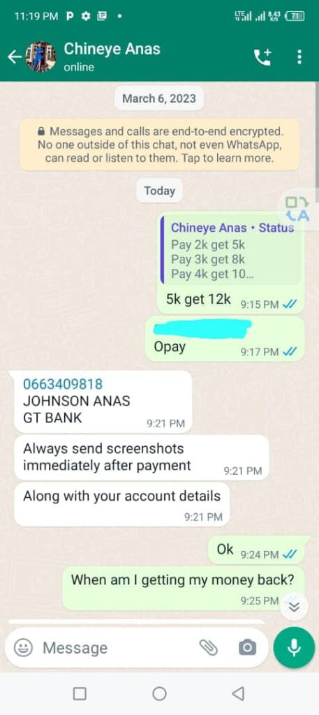 Screenshot of WhatsApp chat with Anas
