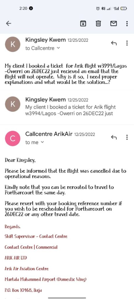 Flight cancellation email
